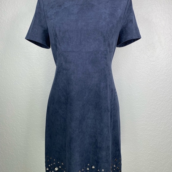 NWT Sugar + Lips Navy Faux Suede Dress Pewter Grommet Hem Fit & Flair Size Small - Picture 15 of 16